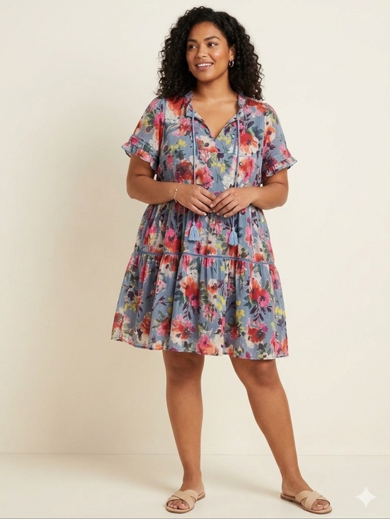 Sundance Dresses & Skirts - Sundance Annabelle Floral Blue Pink Cotton Dress XXL Short Sleeves Tassle Ruffle